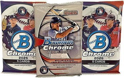 Topps 2025 Bowman Chrome Baseball MLB Trading Cards – 3 Pack Bundle (2 Bowman Chrome Packs + 1 Exclusive Mega Chrome Pack) – 15 Cards Total