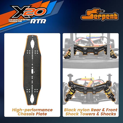 Serpent X20 1/10 RC Touring Car RTR 4WD Fast Electric RC Car with Brushless Motor Carbon Fiber &amp CNC Aluminum Parts High Speed Batteries and Charger Not Included (Orange)