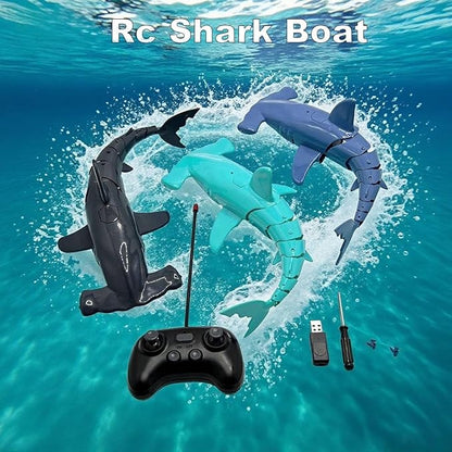 Beach and Summer Pool Remote Control Shark Boat Bath Toy RC Submarine Robo Shark Model Realistic Wiggle-Tail Electric Fish Hammerhead and Dusky Sharks (Cyan)