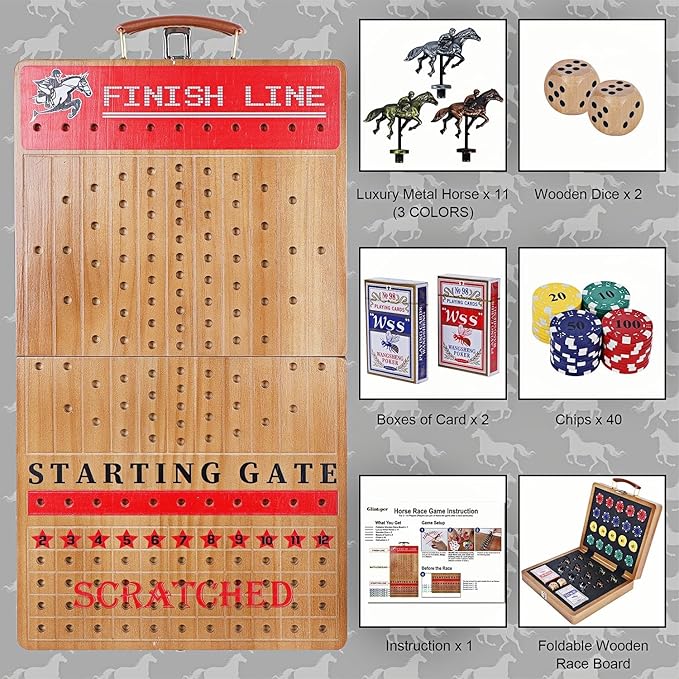 Glintoper Large 21 Horse Racing Game Horse Race Board Games with 11 Luxury Metal Horses Foldable Wood Board with 2 Dices 2 Boxes of Cards 40 Poker Chips Finish Line for Parties