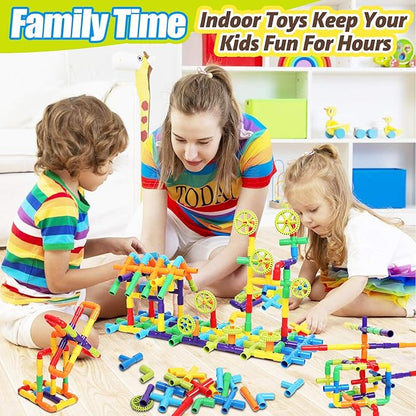 STEM Building Toys for Kids - 250 Pcs Tubular Pipe &amp Spout Interlocking Construction Set | Toddler Learning Toys Age 3-5 6-8 | DIY Tube Locks Blocks with Storage Box &amp Idea Book | Gift for Boy