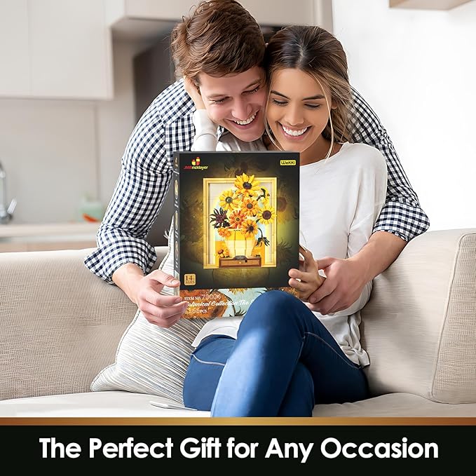 JMBricklayer Flowers Sunflower Building Sets for Adult with Lights 70004 Van Gogh Wall Art Crafts Ideas Flower Bouquet Painting Frame Room Decor Valentine’s Day Birthday Gifts for Women Girl