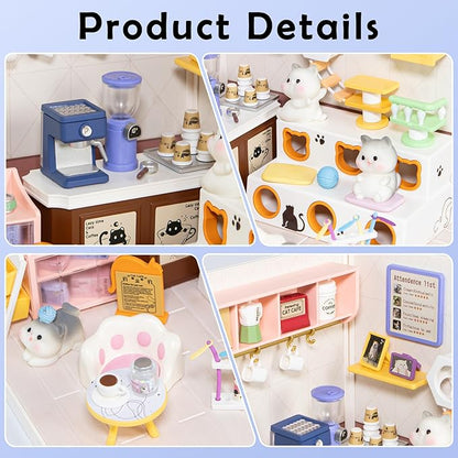 DIY Miniature House Kit with LED Lights Whimsical Cat Cafe Miniature Kit with Roof &amp Dust Covers for Teens DIY Coffee Shop with Cats &amp Furniture Creative Christmas Decoration Gift Idea