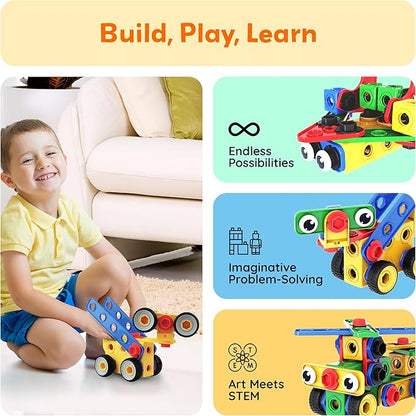 PicassoTiles 201pc STEM Learning Block Construction Kit with Power Drill and Clickable Ratchet Educational Engineering Toy Set Kids Age 3 Plus Preschool Activity Creative Play with Idea Book PTN201