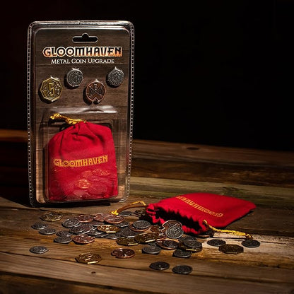 Cephalofair Games: Gloomhaven: Metal Coin Upgrade - 60 Coins &amp Drawstring Bag Board Game Accessory Metal Currency Detailed Art