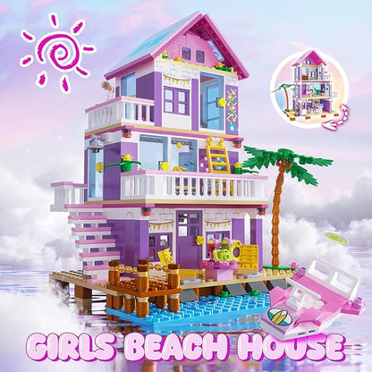 Beach House Building Sets Seaside Villa House Building Toys Compatible with Lego Friends Sets for Girls Age 8-12 Creative Holiday Cottage Building Kit Gift for Christmas Valentine's Day Party