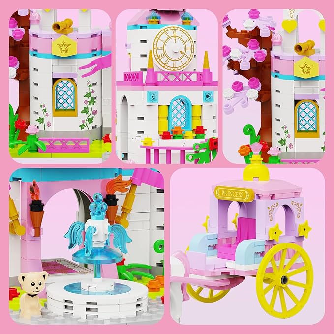 Princess Castle Building Blocks Set for Girls 6+ 634PCS Fairy Tale Dream Castle with Rotating Fountain &amp Movable Carriage Compatible with Lego Friends Gift for Kids Girls Princess Lovers