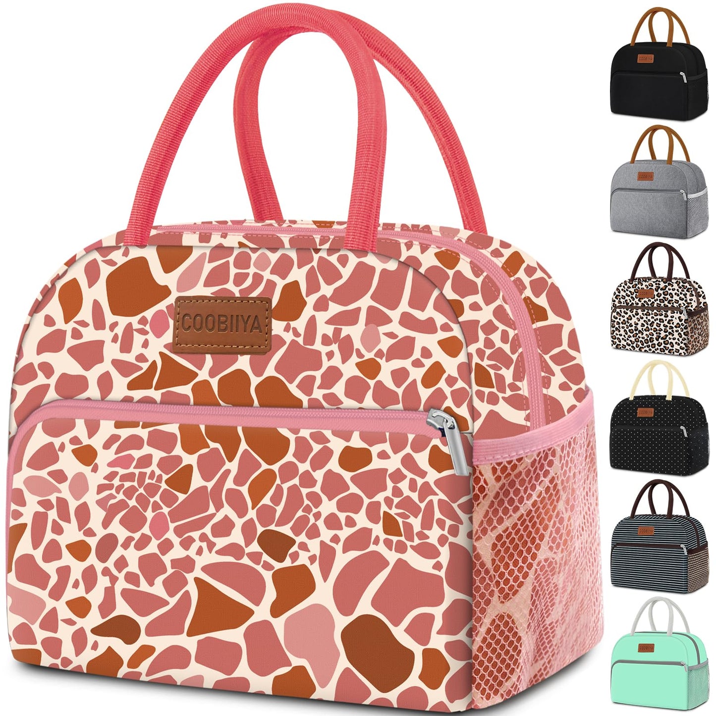 Coobiiya Lunch Bag Women, Lunch Box for Women Adult Men, Small Leakproof Cute Lunch Tote Large Capacity Reusable Insulated Cooler Lunch Container for Work/Office/Picnic/Travel-Pink Leopard