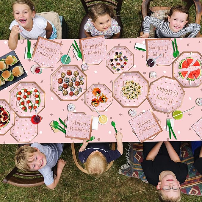 Rose Gold Birthday Party Supplies - Disposable Paper Plates Napkins Cups Tablecloth &amp Banner for Girl/Women Celebration Serves 25 - Decorate with Our Rose Gold Plates and Napkins Set