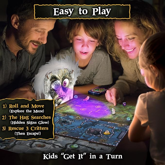 Enchanted Maze - A Light Up Board Game for Families | Ages 5+ 1-6 Players | Cooperative Competitive and Solo Play Options | with “Secret” LED Light up Tiles dice Animal Figurines and a Hag!