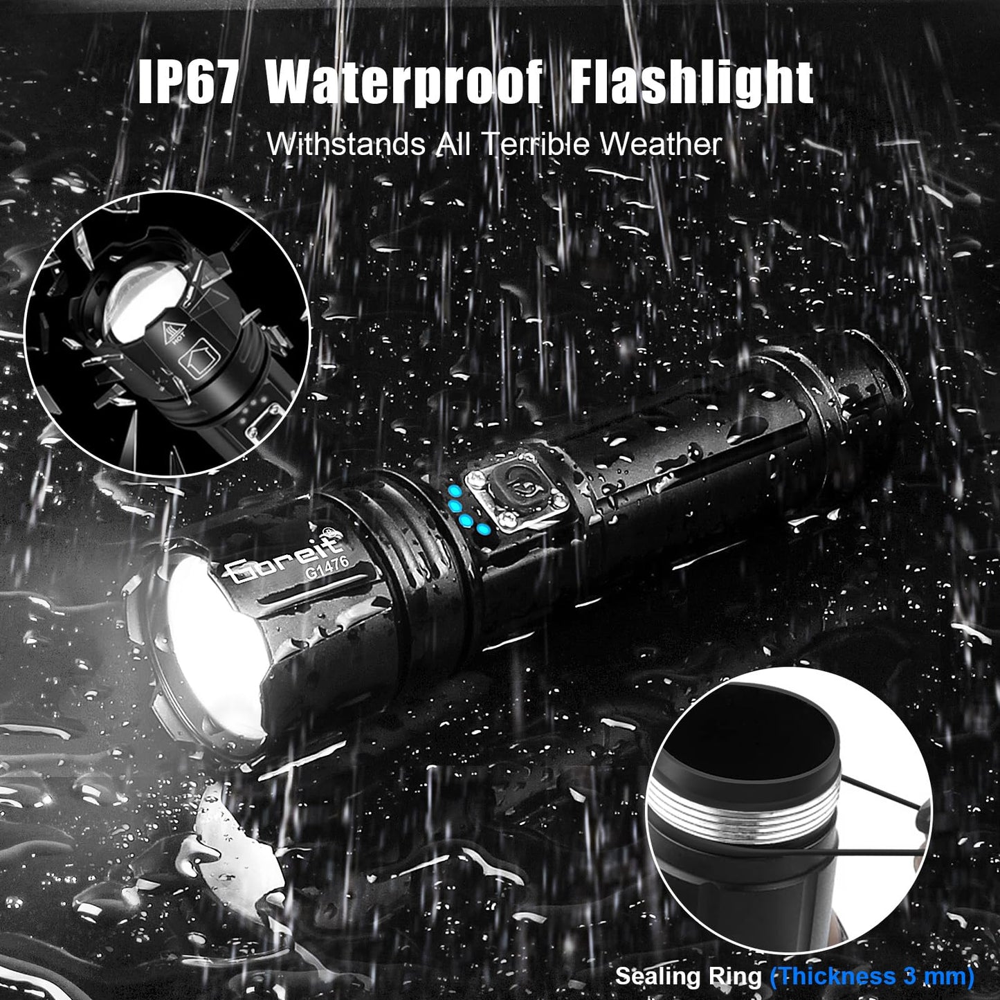Goreit Flashlight High Lumens Rechargeable, 2000 Lumen Led Flashlights XHP70.2 USB Super Bright Flash Light Battery Powered, Powerful Handheld Flashlights for Emergencies Camping, IP67 Waterproof