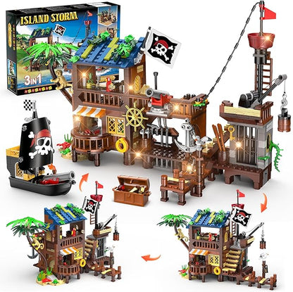 HOGOKIDS Pirate Ship House Building Set with LED Light - 3 Style Modes Pirate Wharf Supply Center Building Block Set 781PCS STEM Bricks Kit for Kids Girls Boys Ages 6-12+ Valentines Gifts