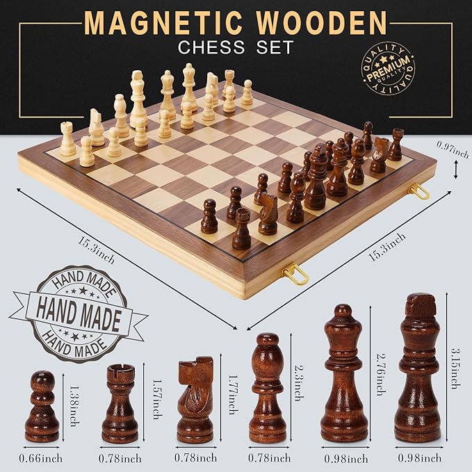 Magnetic Wooden Chess Set for Adults Kids 15 Folding Chess Boards with 2 Extra Queens Portable Travel Chess Sets with Pieces Storage Slots Beginner Chess Game Set for Kids Adults