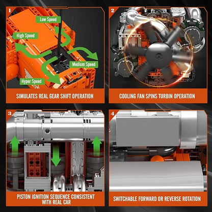 Mould King 10200 V8 Engine Model Kit for Truck MOC Engine Model Kit with Transmisslon Engineering Model Building Kit with Battery 3236 PCS