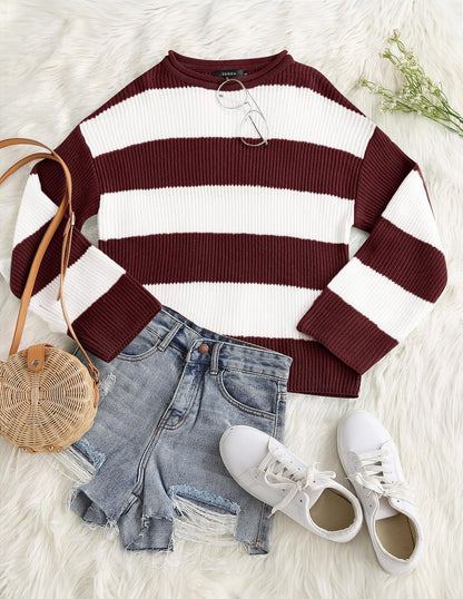 ZESICA Women's 2025 Fall Long Sleeve Oversized Striped Color Block Comfy Loose Crew Neck Knitted Pullover Sweater