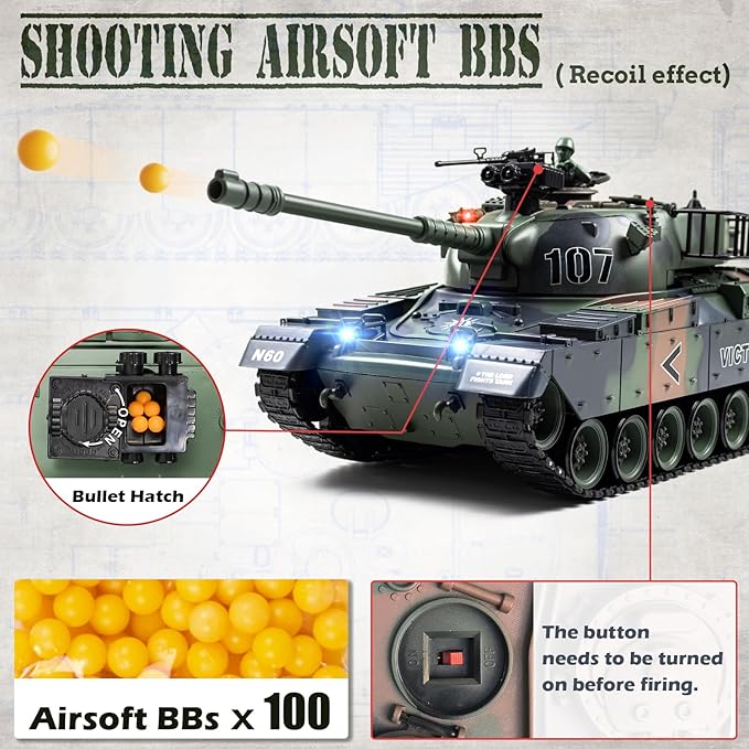 1:18 RC Tank 2.4Ghz US M60 Remote Control Tank Model Toys 15 Channel Battle Military Toy with Smoke Light Sound Volume Switch Army Toy for Adult and Kid