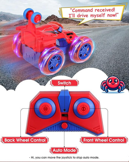 Spider RC Car for Kids – 4WD Remote Control Stunt Car with 360° Flip Fast Monster Crawler Toy with Light-Up Wheels – Rechargeable RC Vehicle Gift for Boys Ages 3-12