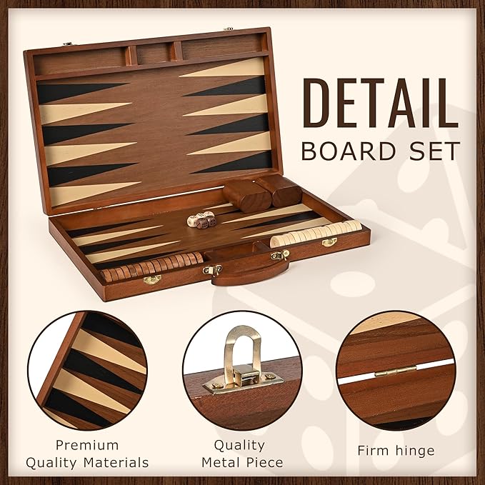 ropoda Sapele Wood Backgammon Board Game Set (18 Inches) for Adults and Kids - Classic Board Strategy Game - Portable and Travel Backgammon Set with Wooden Playing Pieces and Accessories
