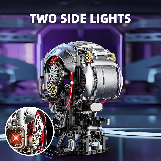 1099PCS Mechanical Skull Building Block Set3D Poseable Model with LED Light Movable Linkage Gears Display Stand STEM Toys Gift for Kids &amp Adults Perfect for Horror Fans &amp Gothic Room Decor
