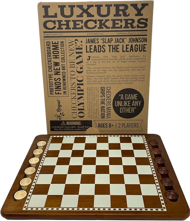Regal Games Luxury Checkers Board Game for Adults &amp Kids - Classic Wooden Board Game Set with 24 Checkers Pieces - Travel and Portable Table Games (Ages 8+)