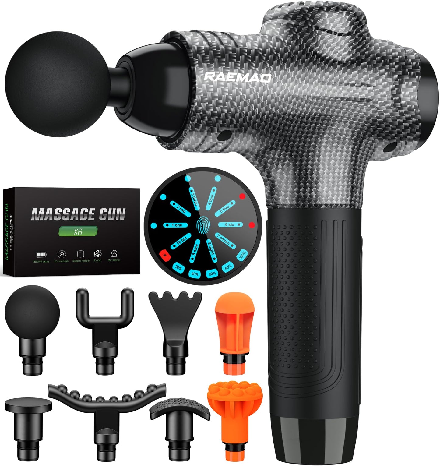 RAEMAO Massage Gun, Handheld Electric Deep Tissue Muscle Massager for Athletes for Pain Relief Attaching 8 Replacement Heads, Percussion Massager with 10 Speeds, Father's Day Gifts, Carbon
