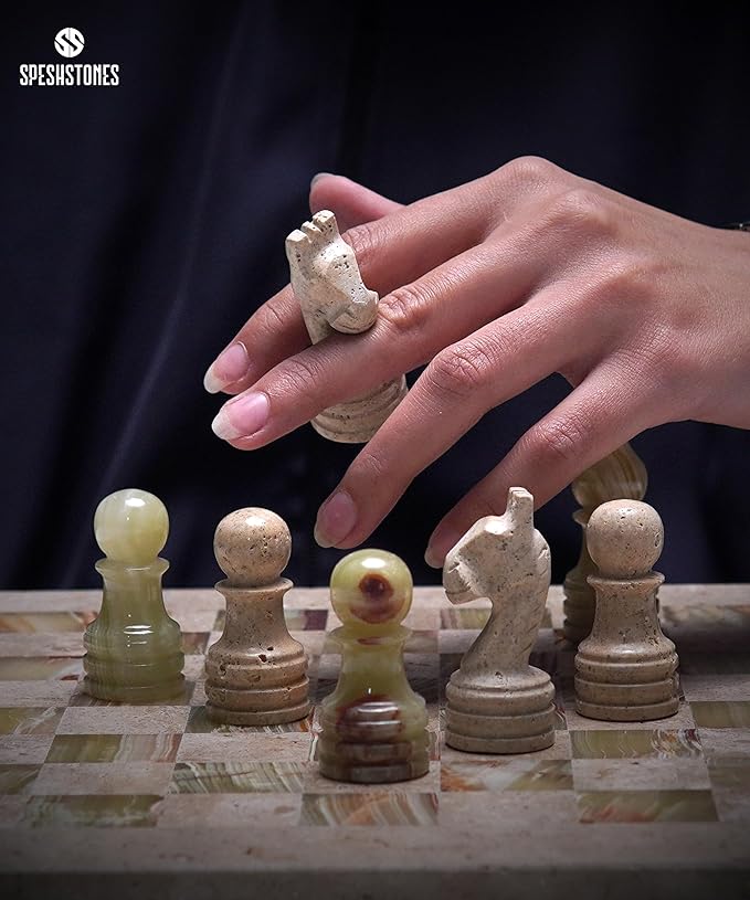 Marble Chess Set 12 Inch Handmade Travertine and Green Board Games for Adults with Storage Box Classic Table Chess Board with Pieces &amp 2 Extra Queens Gifts &amp Home Décor