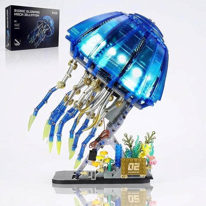 Mechanical Jellyfish Building Block Set with LED Light Bionic Glowing Mech Jellyfish Movable Linkage Gears Sea Animal Collection Toy Desk Decor Creative Gifts for Ages 8+(1146PCS)