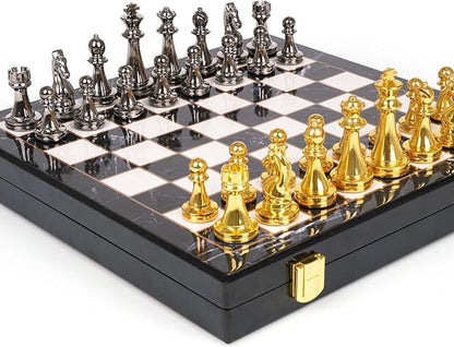 Metal Chess Set for Adults and – Marbling Chess Board with Chess Pieces – Travel Chess Sets with Extra Queens with zinc Alloy Metal Pieces – Ideal for Beginners and Professional Players