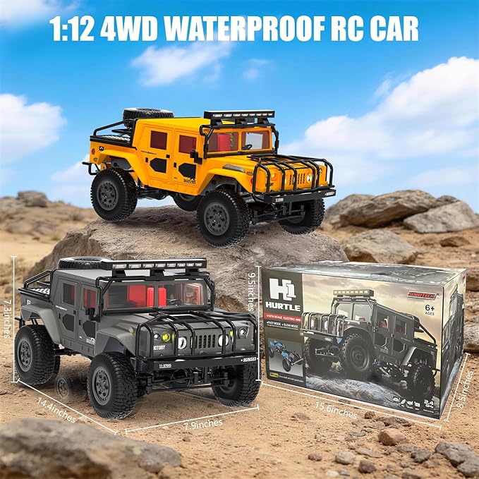 1:12 RC Car Toy 4WD 2.4GHz Remote Control Off-Road Crawler Vehicle IPX4 Waterproof 13MPH Full Metal Chassis with LED Lights Rechargeable Batteries for Adults Kids 8+ (Yellow)