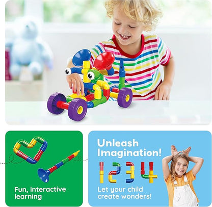 PicassoTiles PTT136 136pcs Tubular Pipes &amp Spout STEAM Interlocking Educational Building Block Set Tube Locks Pipeworks Construction Blocks w/Storage Container Box Idea Book Flute Musical Kit