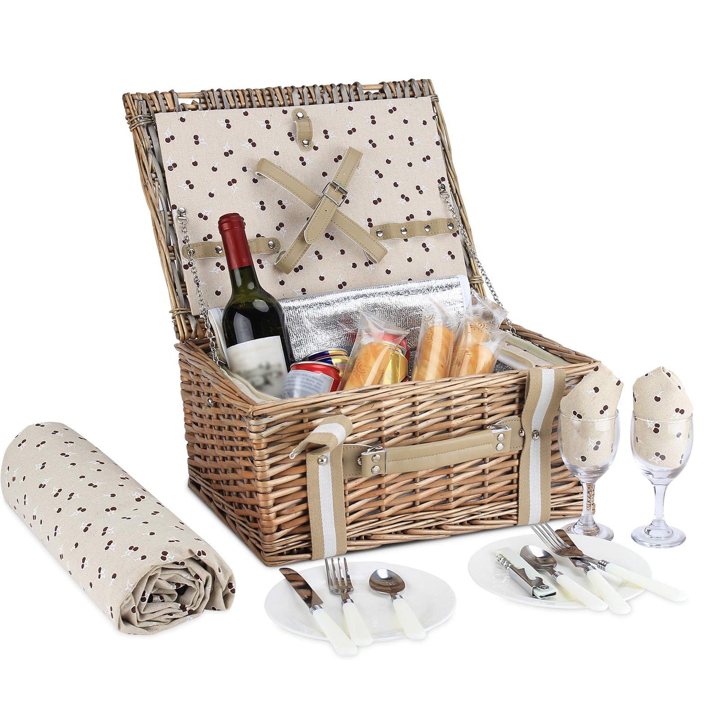 Willow Picnic Basket Set for 2 Persons with Large Insulated Cooler Bag and Waterproof Picnic Blanket, Wicker Picnic Hamper for Camping,Outdoor,Birthday