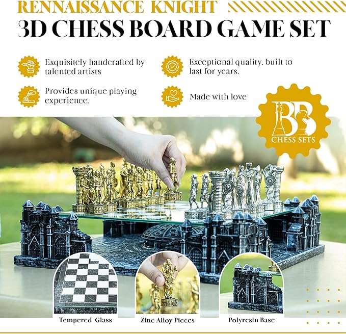 Renaissance Knight 3D Chess Set – Unique Chess Board Set - Durable Gold and Silver Metal Pieces - Tempered Glass Board and Polyresin Base
