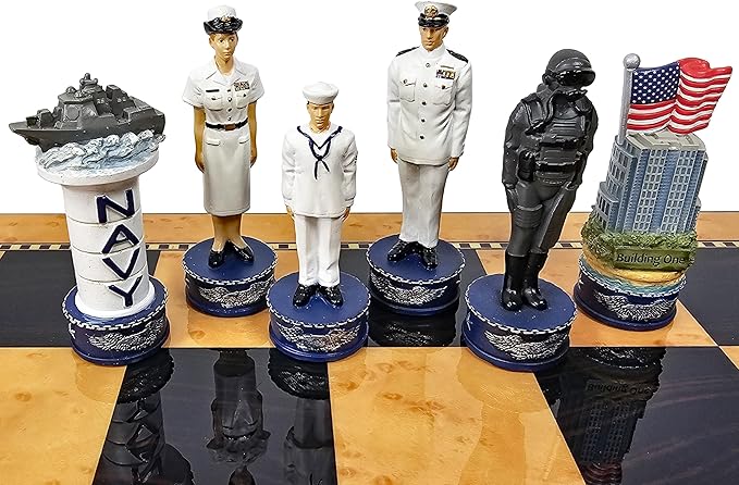 US Military Chess Set Army Navy Air Force or Marines. Choose 2 Branches of Men with 17 inch Walnut Color Storage Board (Navy vs Marines)