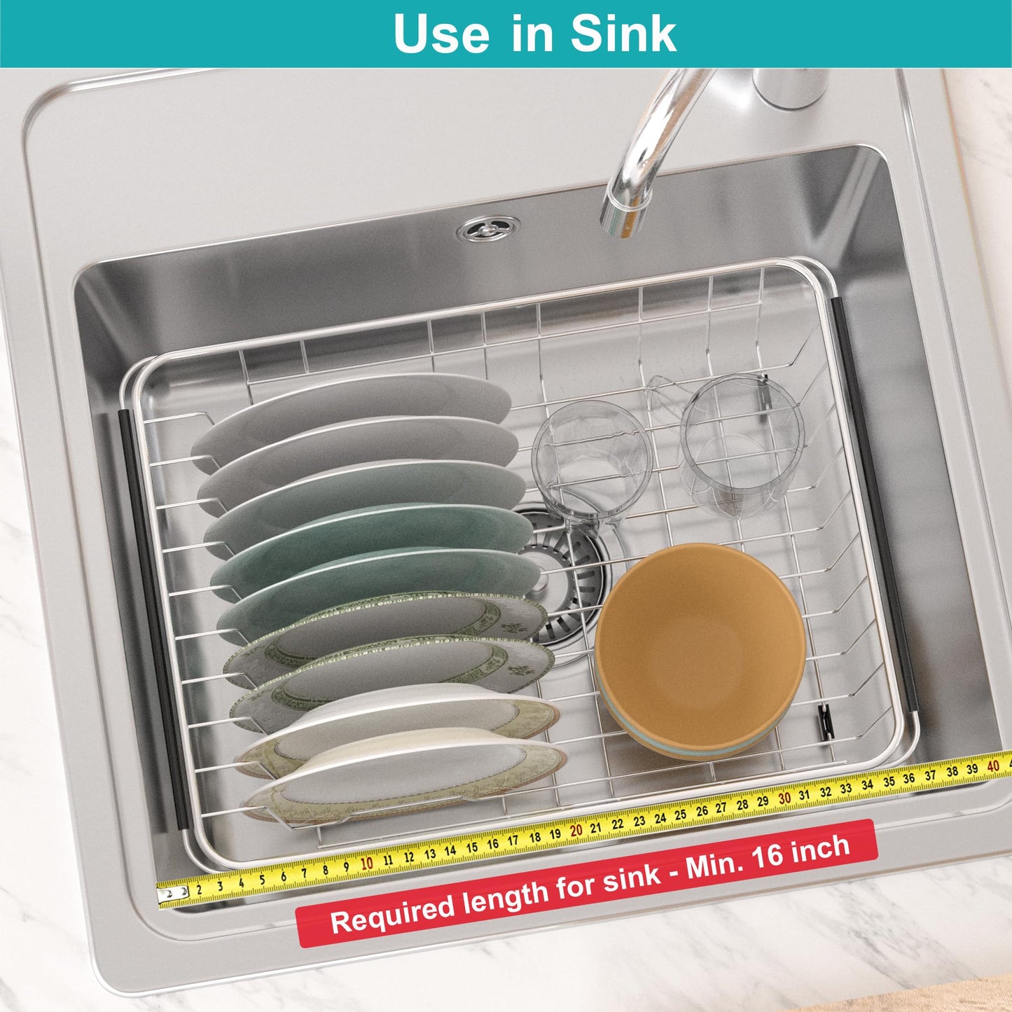 iPEGTOP Expandable Multifunctional Dish Drying Rack, Rustproof Stainless Over Sink Dish Drainer Rack Basket Shelf, Dish Drainer in Sink or On Counter Organizer with Utensil Cutlery Holder