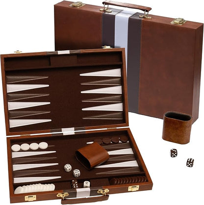 Backgammon Board Game Deluxe Leather Like Case Felt Interior Brown Classic Backgammon Game Popular Board Game Board Games (Small (11))