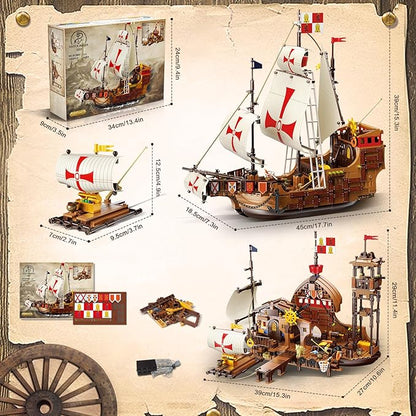 Santa Maria Ship Building Set with LED Lights 2 in 1 Pirate Ship House Wharf Building Block Kit 1253 PCS Adventure Merchant Ship Model Building Toy Gift for Adults Teens Boys Girls Ages 12+