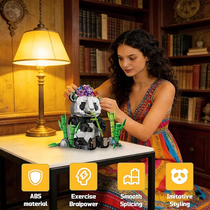 Panda Building Set with Flowers &amp Bamboo for Adults Compatible with Lego Wild Animals Movable Arms and Head Collectible Model Home Decor Gift for Teens Boy Girl