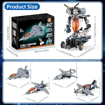 5 in 1 STEM RC Robot Building Kit Fighter Jet Airplane Building Set with APP &amp 2.4GHz Remote Control Technic Transformable Fighter Plane Toys for Kids Boys Age 6 7 8 9 10 11 12+ Birthday Gifts
