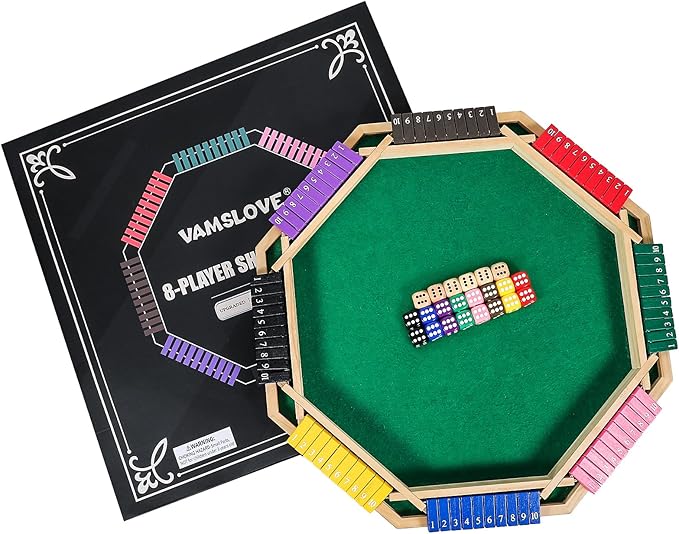 Vamslove Upgraded 2-8 Players Shut The Box Dice Game-Colorful 8-Way Wooden Board Table Math Game with 16 +6 Dices - Close The Box for Kids Adults Families Party Club (Instruction Included)