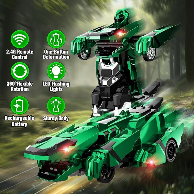 Dinosaur Transform Rc Cars 2.4Ghz Remote Control Car Transforming Robot with Flashing Light 360° Rotation One Button Deformation Car Toy Gifts for Boys Age 4-7 8-12
