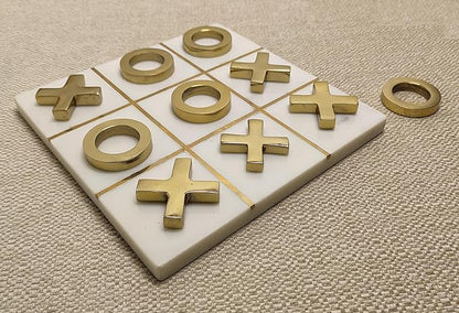 Marble Tic Tac Toe Game 8x8 Premium Handcrafted Natural Marble Board Game Modern Coffee Table and Home Decor Perfect for Living Room Unique Gift Decorative Board Game Set White and Gold XO