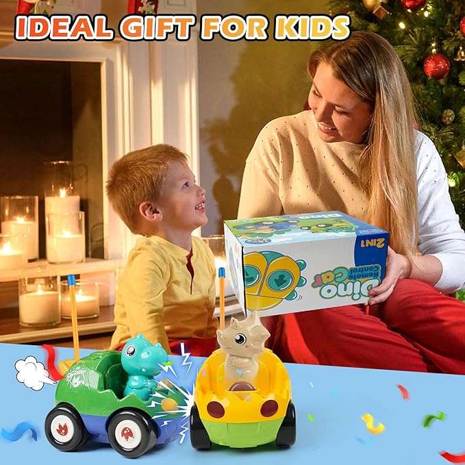2-Pack Remote Control Dinosaur Toy Car for Kids - Birthday Gifts for Boys Toddlers Ages 18+ Months 2 3 4 5 Year Old Dino RC Vehicle with Lights and Music