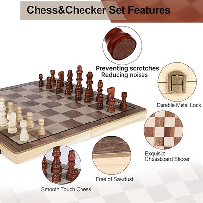 15 Inch Wooden Chess SetsChess &amp Checkers Set with 2 Extra QueensFoldable Wooden Chess Set Board for AdultsHandmade Portable Chess Board Game for Familly Travelling Gift