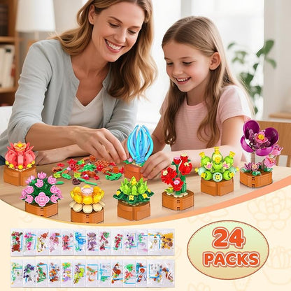 24 Pack Flowers Succulents Building Set - 2160PCS Botanical Collection 3.6MM Mini Flower Kit for Home Office Décor Plant Blocks Toy Easter Party Favors Gifts for Adults Women Kid 10+