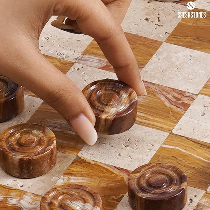 Marble Checkers Set 15 Inch Handmade Travertine &amp Brown Checkers Board Game with Checker Pieces - Board Games for Adults Game Table Accessories Gifts &amp Home Décor