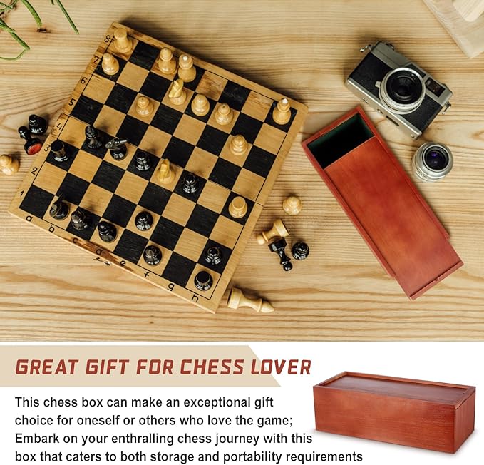 Heavy Slide-top Chess Pieces Storage Box Wooden Case Only 12.5 x 5.5 x 4 Inches with Flannel Lining with 2 Large Storage Compartments Hold a Set of Chess Pieces from 3.0 to 4.4