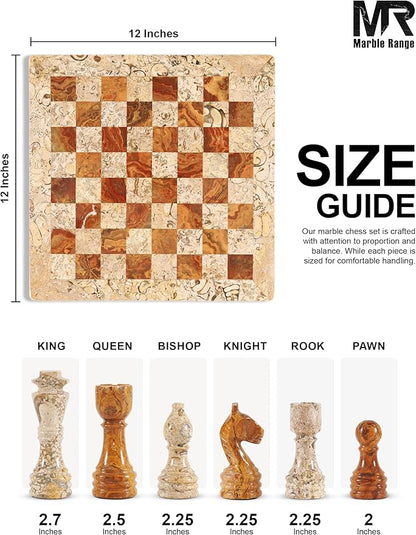 Marble Chess Set 12 Inch Handmade Coral &amp Dark Brown Board Game with Storage Box Classic Travel Chess Set for Adults with Pieces &amp 2 Extra Queens Elegant Home Décor