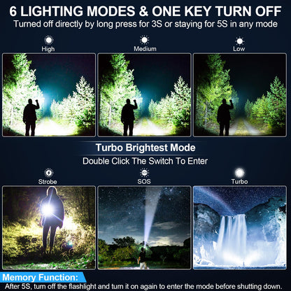 Rechargeable Flashlights High Lumens, Super Bright LED Small Powerful Tactical Flashlight with Memory Function, 6Modes Pocket Waterproof Flash Light for Camping,Emergency