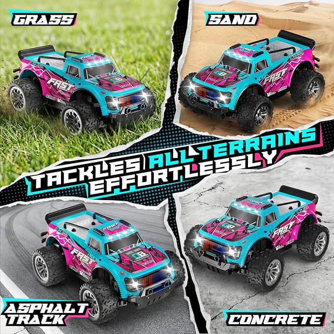 Remote Control Car 2WD Off-Road RC Cars 20 KM/H All-Terrain Rc Truck with Colorful LED Lights 2.4GHz 1/20 Remote Control Car for Boys 4-7 8-12 RC Gift Toys for Adults Girls
