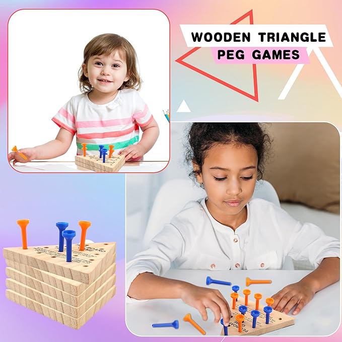 16 Packs Wooden Peg Game Tricky Triangle Peg Board Game Family Wood Puzzles Strategy Toy for Kids Adult Family Travel Gathering Jump Games